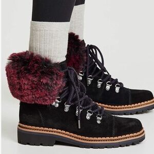 Sam Edelman Bowen Combat Boot Black Suede With Raspberry Wine Faux Fur Cuff